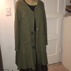 Long cardigan sweater.